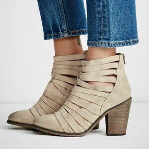 NEW Free People Hybrid Strappy Leather Booties Natural Olive Distressed Leather